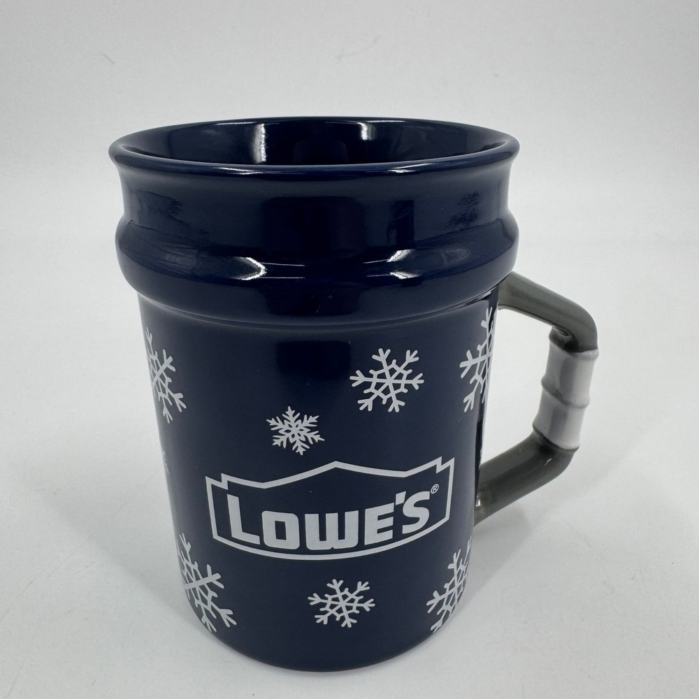 Lowe's Coffee Mug Set Navy Blue Snowflake PVC‎ Pipe Handle Holiday EUC